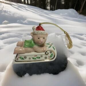 Lenox Christmas Ornament 'Sleigh Time' Teddy Bear On Sled Holly Berry